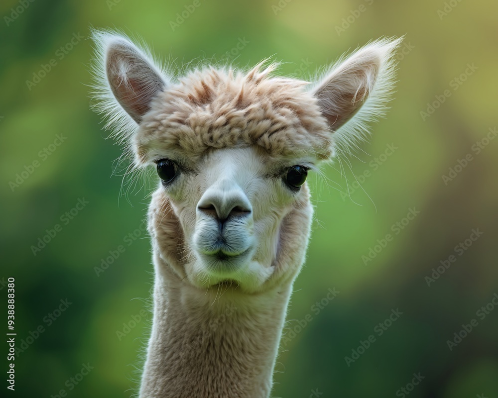 Obraz premium portrait of an alpaca with a funny expression, green background