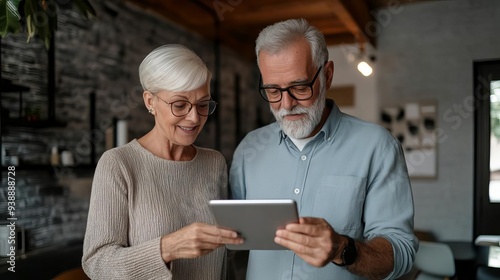 Elderly couple using a tablet to control their smart home, Smart home accessibility, Age-friendly technology