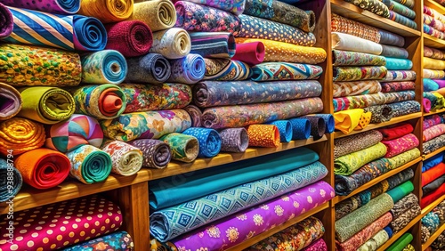 Colorful rolls of fabric in a textile store, featuring vibrant patterns and textures, piled high on shelves, waiting to be transformed into creative projects.