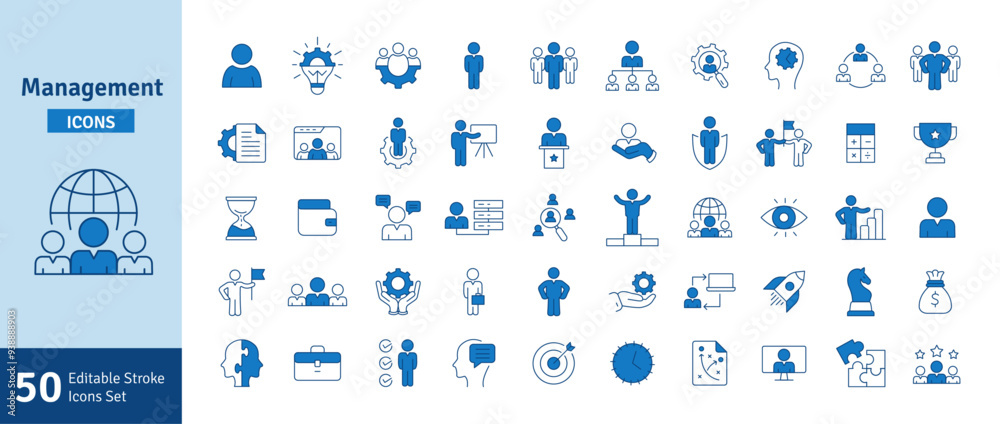 Management And Business Blue Line Icon Set Editable Stroke. Teamwork, Business, Task, Deadline, Planning, Strategy, Marketing, Leadership Line Icons Vector Illustration Collection Management And Business Blue Line Icon Set Editable Stroke. Teamwork, Business, Task, Deadline, Planning, Strategy, Marketing, Leadership Line Icons Vector Illustration Collection