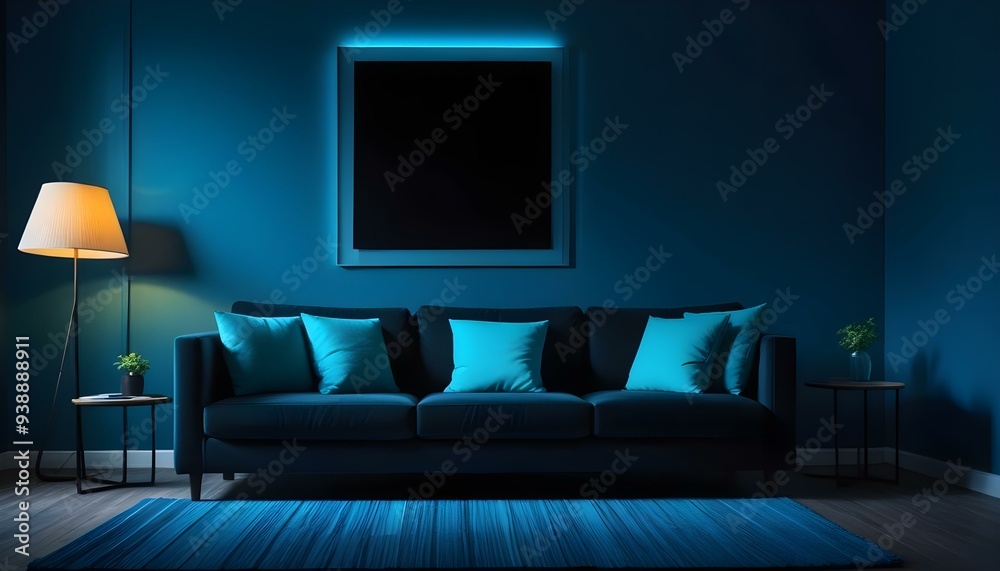 Interior mockup In a white room a blue sofa is placed next to a photo frame on the wall Interior mockup In a white room a blue sofa is placed next to a photo frame on the wall