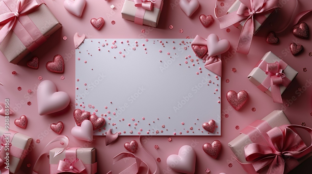 Valentine's Day card design with blank paper, gifts, ribbon, and confetti on a pink background, love and romance concept. Valentine's Day card design with blank paper, gifts, ribbon, and confetti on a pink background, love and romance concept.