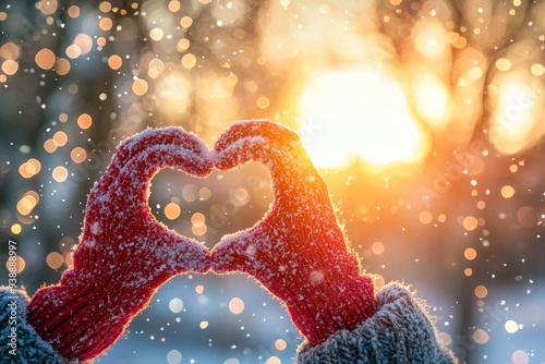 A woman is holding gloves with a heart symbol on the background of a sunset photo