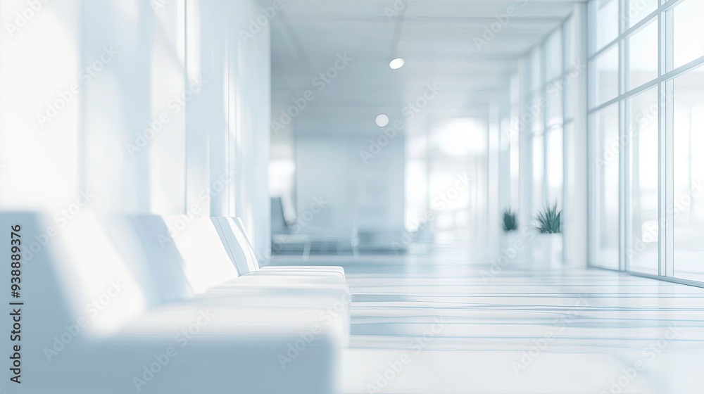 Blur background of bright office with white furniture and large windows. Modern white lounge. Generative ai Blur background of bright office with white furniture and large windows. Modern white lounge. Generative ai