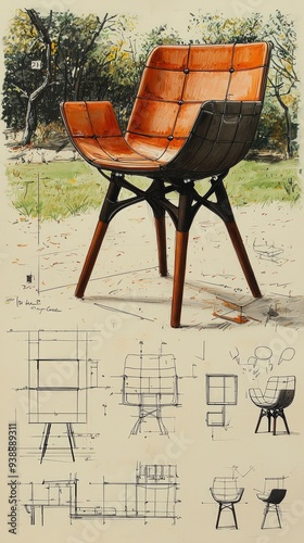 Modern Chair Design with Technical Drawings