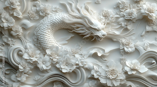 Detailed White Dragon Relief Flower Statue on the Wall Made with Generative AI Technology