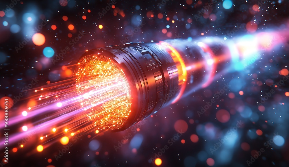 Close-up of an industrial optical fiber cable, vibrant light beams emanating from its core, fast data transfer between distant points in real-time Close-up of an industrial optical fiber cable, vibrant light beams emanating from its core, fast data transfer between distant points in real-time