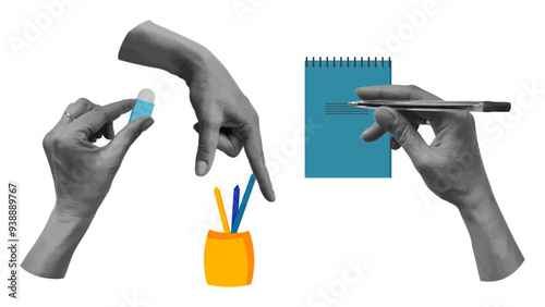 Back to school collage halftone hands set.