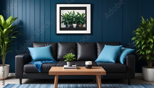 Interior mockup In a white room a blue sofa is placed next to a photo frame on the wall