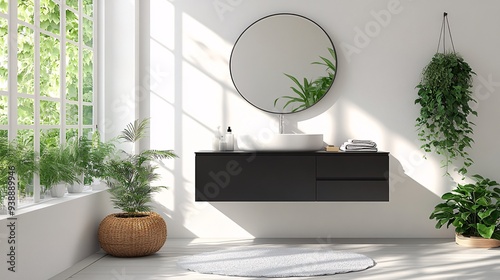 A wall-mounted vanity with a glossy black finish, single sink, chrome fixtures, and a frameless mirror in a bright, airy bathroom