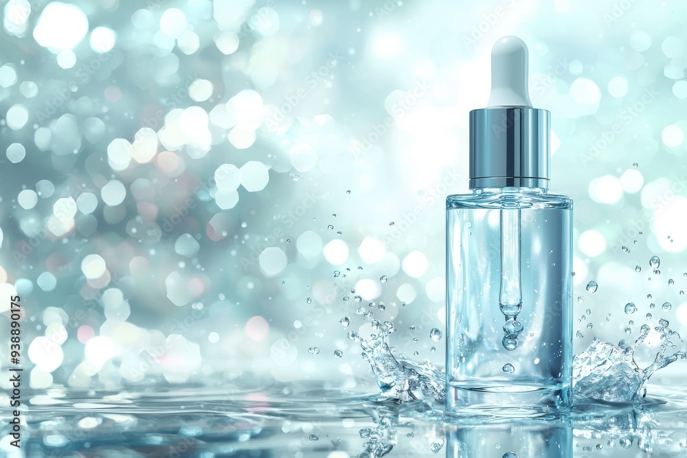 A clear serum bottle stands elegantly against a shimmering blue background, showcasing beauty and hydration.