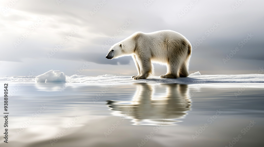 Fototapeta premium A polar bear climbed onto a melting snow flow. Polar Bear on ice flow. Ursus maritimus. Baffin Bay, Nunavut, Canada, North America, Greenland. Global warming, Climate change concept 