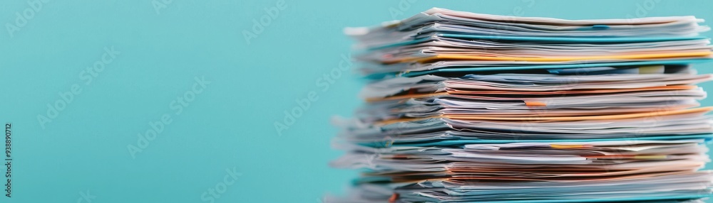 A neat stack of various documents on a vibrant turquoise background, symbolizing organization and office productivity. A neat stack of various documents on a vibrant turquoise background, symbolizing organization and office productivity.