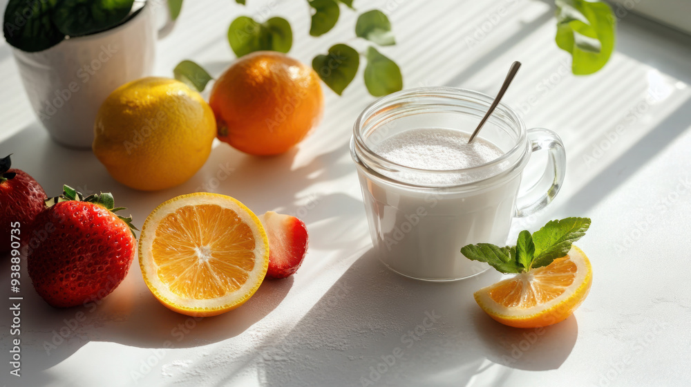 Glass of frothy milk with fresh strawberries, oranges, and lemon slices on a sunlit kitchen counter with green leaves in the background Glass of frothy milk with fresh strawberries, oranges, and lemon slices on a sunlit kitchen counter with green leaves in the background