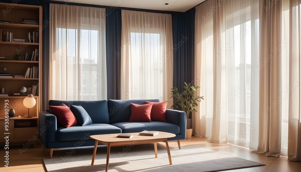 Interior mockup In a white room a blue sofa is placed next to a photo frame on the wall Interior mockup In a white room a blue sofa is placed next to a photo frame on the wall