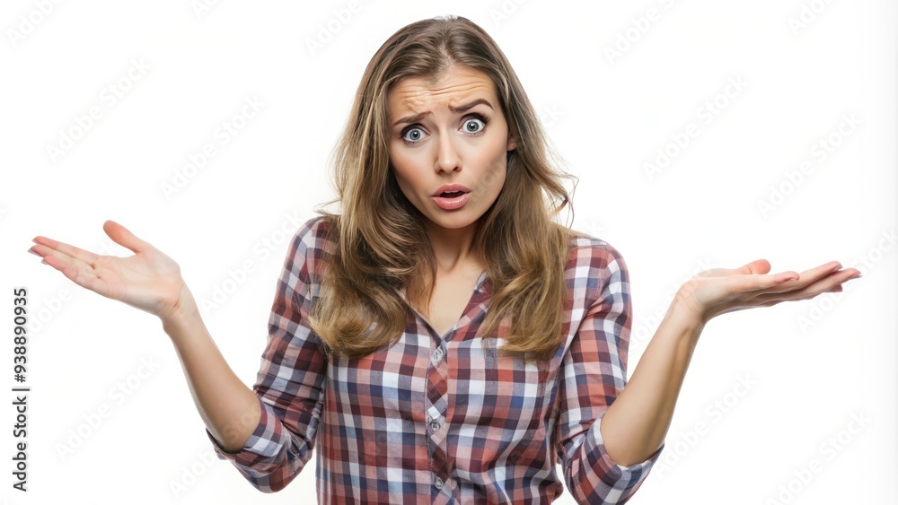 Confused young woman with a puzzled expression, shrugging her shoulders and holding her hands up in a Confused young woman with a puzzled expression, shrugging her shoulders and holding her hands up in a