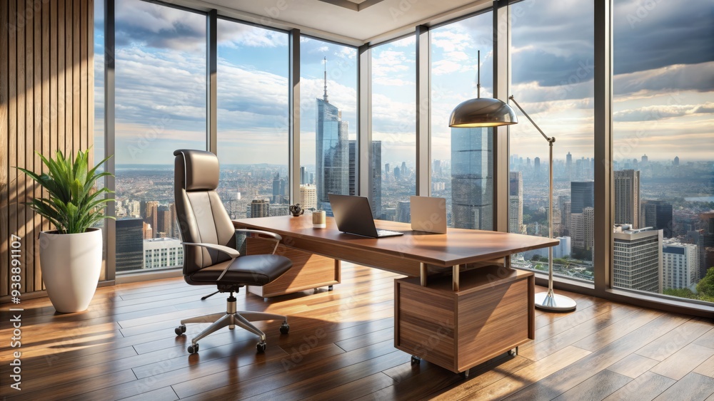 Fototapeta premium Contemporary office interior with sleek wooden desk, ergonomic chair, and large windows offering a panoramic cityscape view, conveying innovation and professionalism.