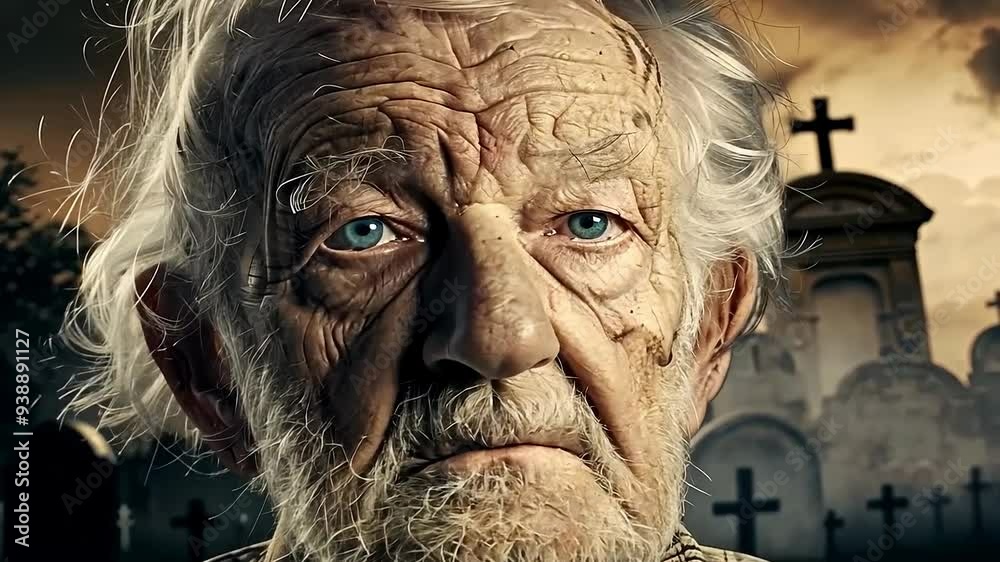 Elderly man with expressive eyes in cemetery setting Elderly man with expressive eyes in cemetery setting