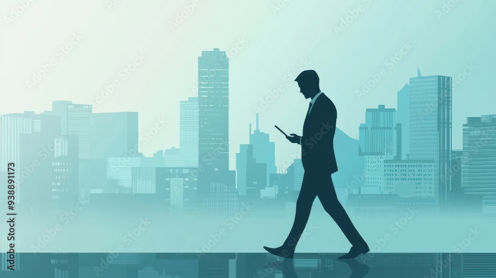 A silhouette of a businessman walking in a modern city, using a smartphone against a backdrop of skyscrapers and an urban skyline. A silhouette of a businessman walking in a modern city, using a smartphone against a backdrop of skyscrapers and an urban skyline.