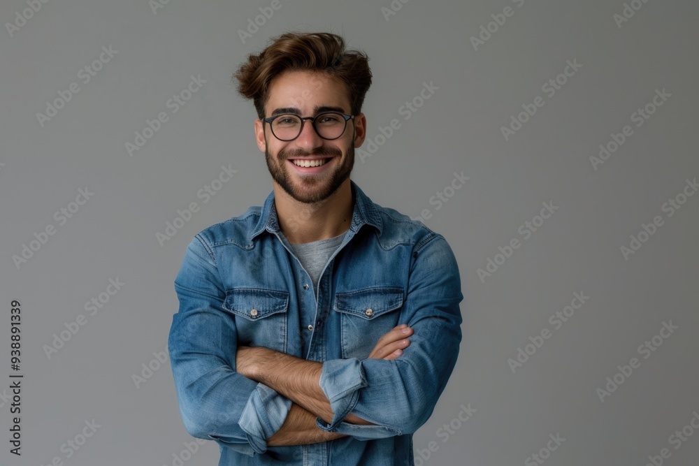 Confident college man in denim outfit poses as leader. Confident college man in denim outfit poses as leader.