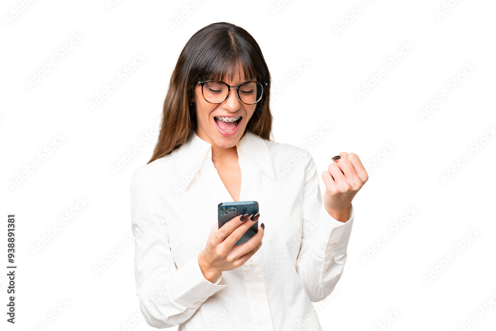 Young caucasian woman over isolated chroma key background with phone in victory position Young caucasian woman over isolated chroma key background with phone in victory position