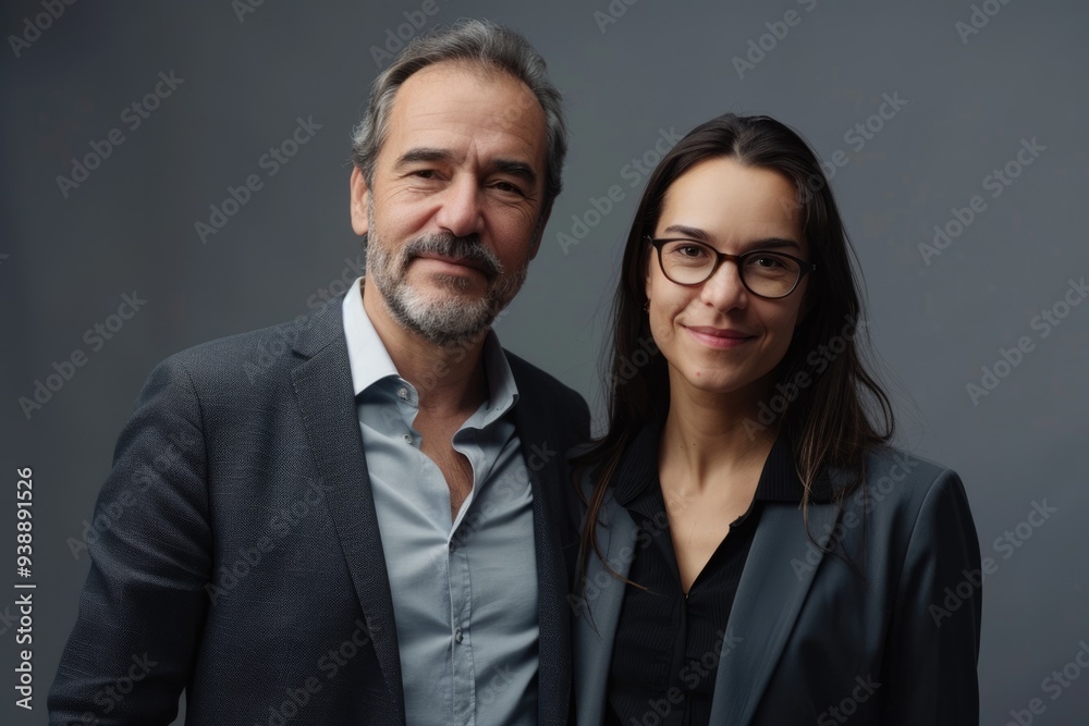 Business partners smiling in front of gray background. Business partners smiling in front of gray background.