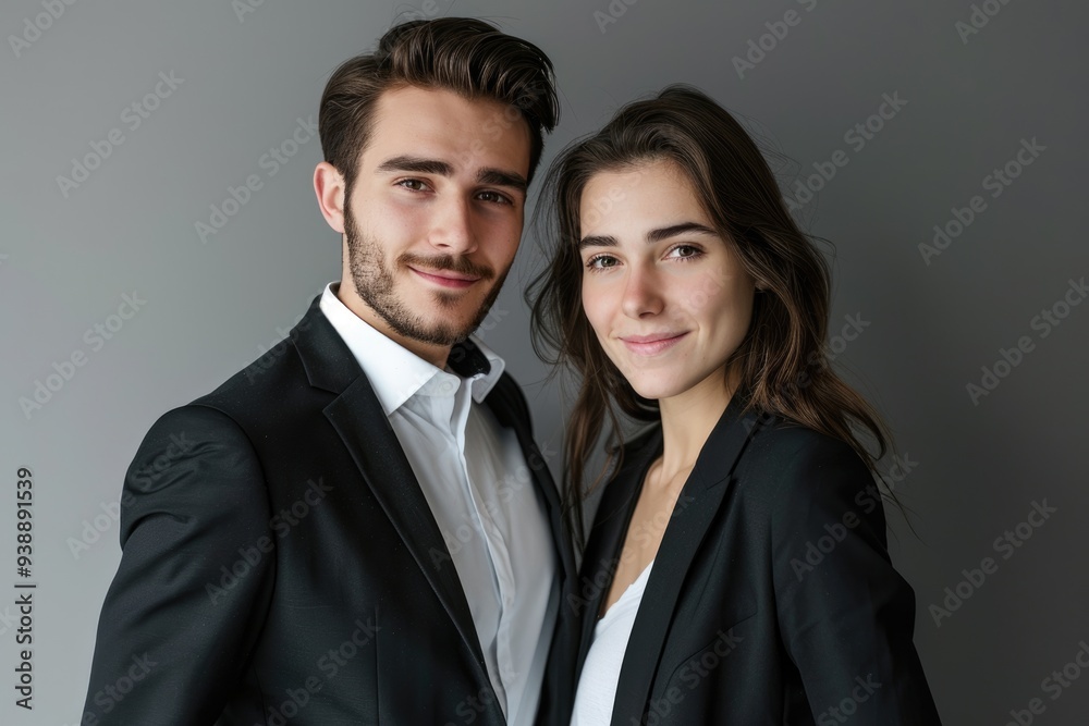 Business partners smiling in front of gray background. Business partners smiling in front of gray background.