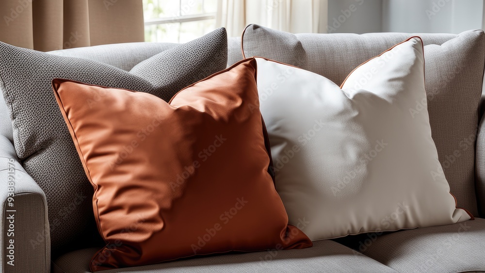 Close up of fabric sofa with white and terra cotta pillows. French country home interior design of modern living room Close up of fabric sofa with white and terra cotta pillows. French country home interior design of modern living room