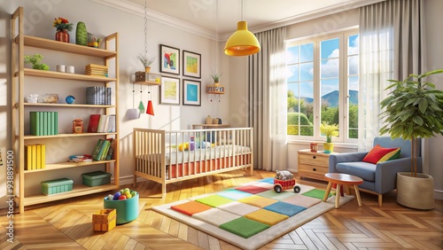 Cozy bedroom with toys, books, and colorful decorations, featuring a toddler's play area with a crib, changing table, and plenty of natural light.