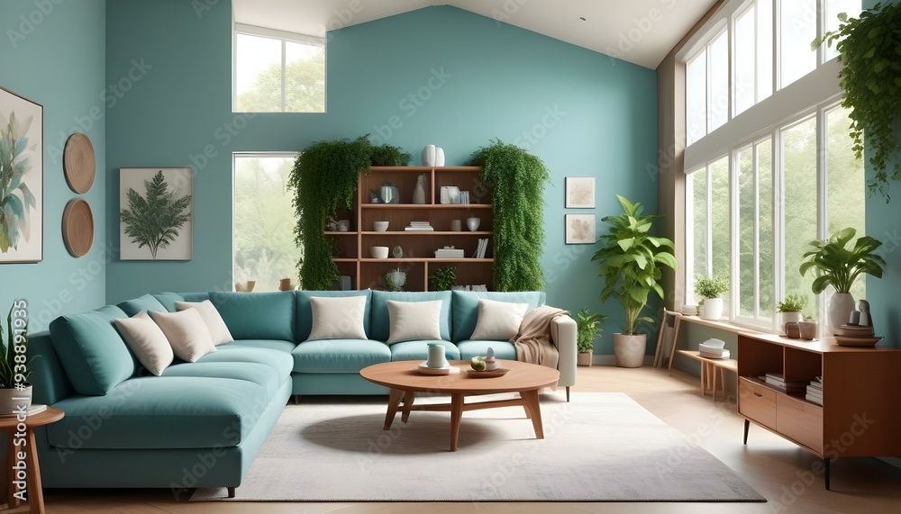 Interior mockup In a white room a blue sofa is placed next to a photo frame on the wall Interior mockup In a white room a blue sofa is placed next to a photo frame on the wall
