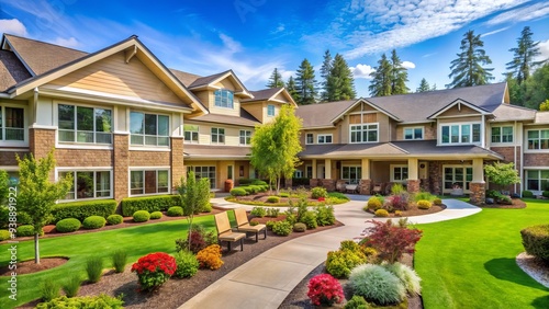 Cozy exterior of a senior living community with modern apartments, lush greenery, and a tranquil atmosphere, promoting independence and comfort for elderly residents. photo