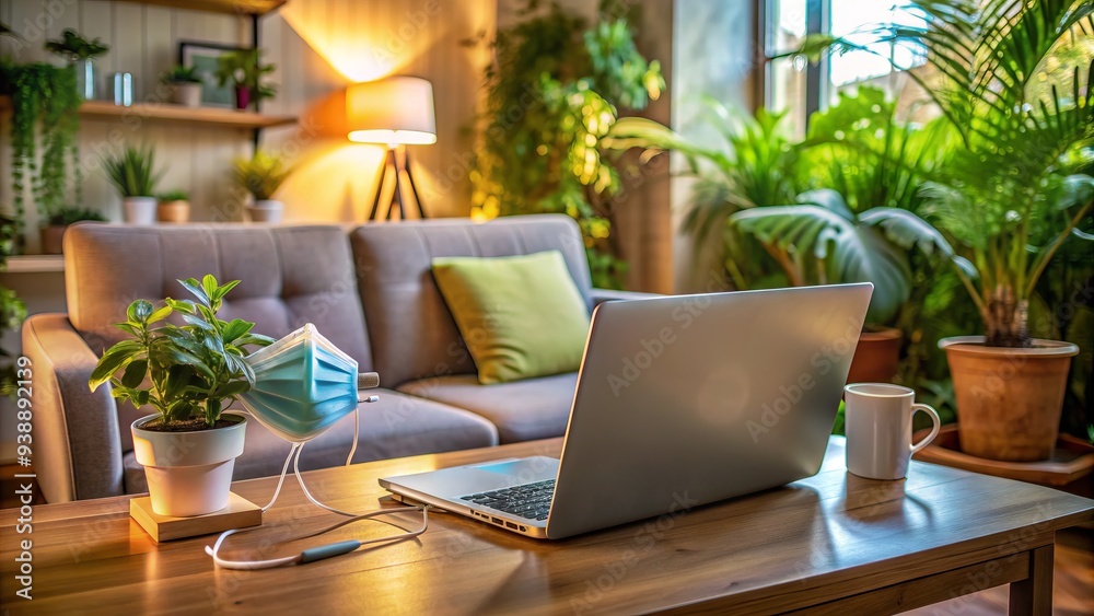 Fototapeta premium Cozy living room with laptop, mask, and thermometer on table, surrounded by plants and soft lighting, conveying a sense of safety and isolation during pandemic.