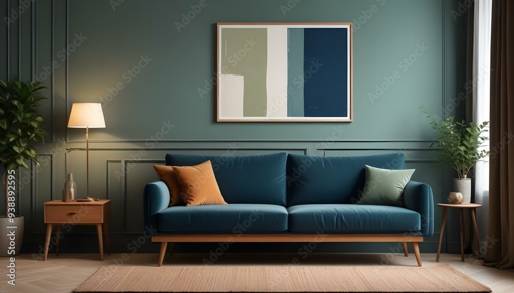 Interior mockup In a white room a blue sofa is placed next to a photo frame on the wall Interior mockup In a white room a blue sofa is placed next to a photo frame on the wall