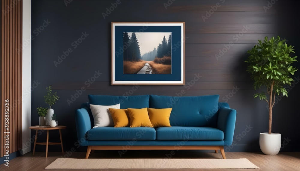 Interior mockup In a white room a blue sofa is placed next to a photo frame on the wall Interior mockup In a white room a blue sofa is placed next to a photo frame on the wall
