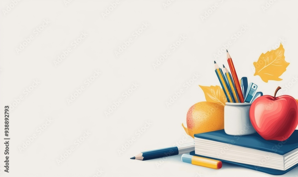 Fototapeta premium Abstract Back to School Concept: Vibrant Icons of Education and Campus Life. Minimalist Design for Stationery Store Promotions, School Season Marketing, and Parent-Child Shopping Experience. Elegant T