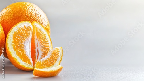 A juicy orange being peeled, with the segments partially exposed and the peel curling naturally around it. photo