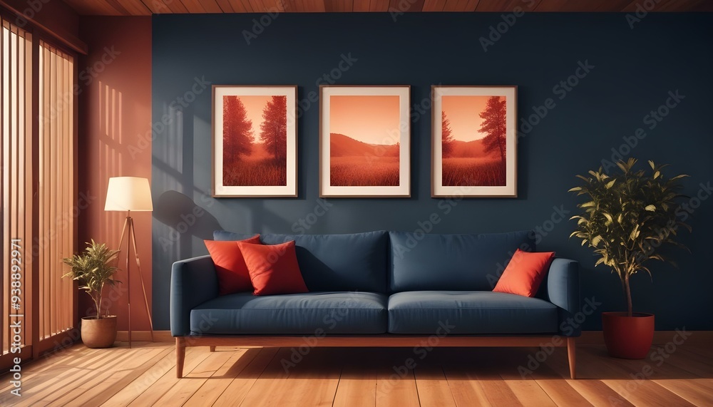 Interior mockup In a white room a blue sofa is placed next to a photo frame on the wall Interior mockup In a white room a blue sofa is placed next to a photo frame on the wall