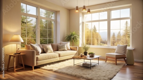 Cozy room with a large window allowing natural light to pour in, casting a warm glow on the minimalistic furniture and soft cream-colored walls.