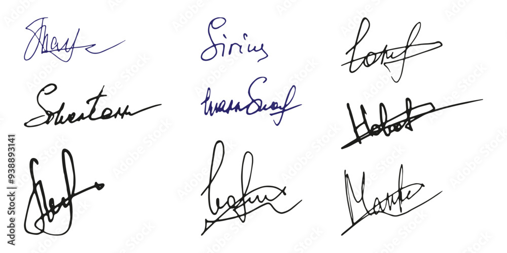 Fake signature hand drawn sample own autograph. Fictitious handwritten signature. Blue ink color. Scribble for sample contracts documents certificates or letters. Vector illustration.