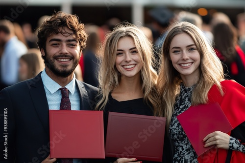 A Graduate Posing with Friends All Holding Their Diploma