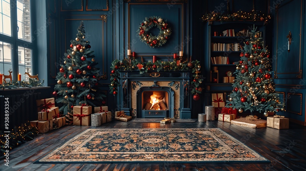 Fototapeta premium Luxury living room interior with dark blue colors, decorated Christmas tree, and fireplace.
