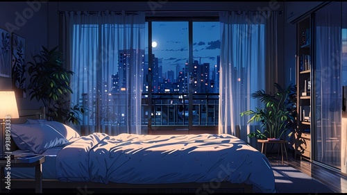 Cozy anime bedroom at night, with a soft glowing lamp, a comfy bed, and moonlight filtering through curtains.