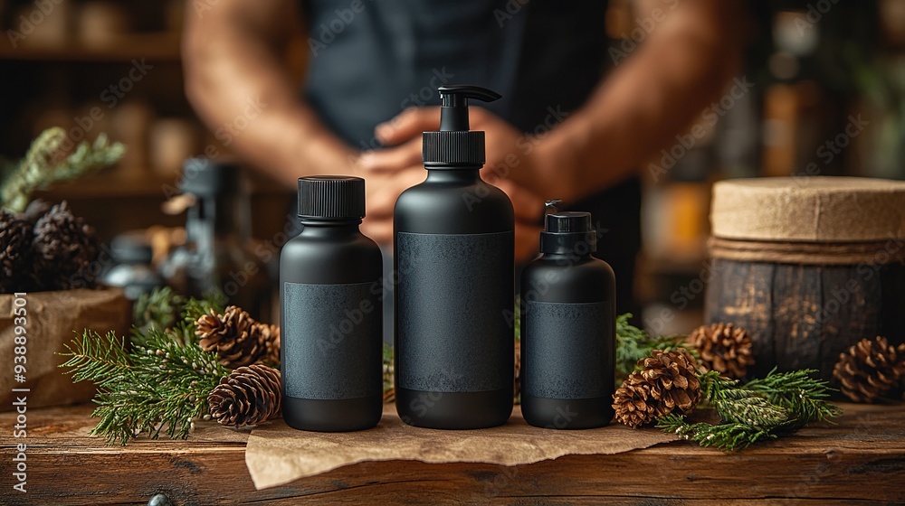 black bottle luxury men's hair care products on handmade paper on brown table black bottle luxury men's hair care products on handmade paper on brown table