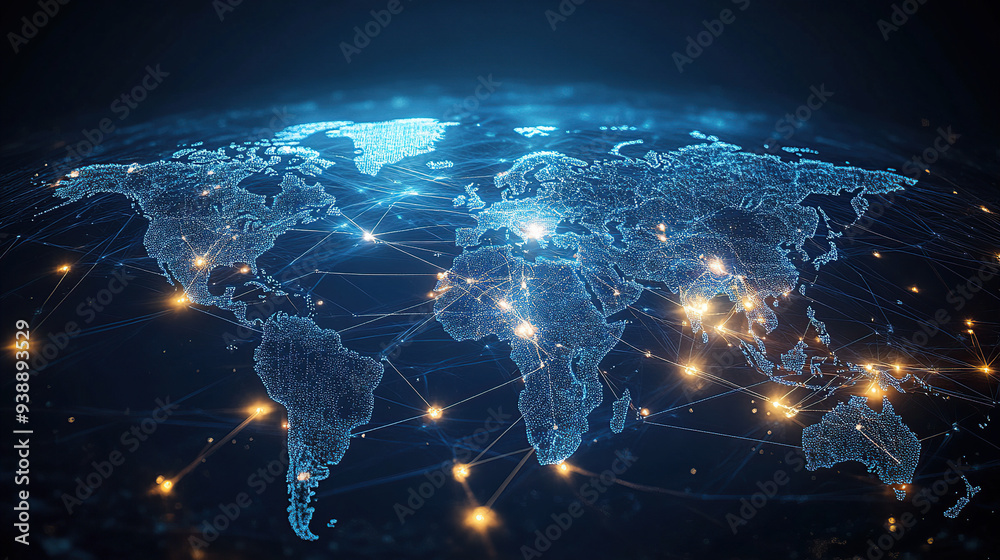 Fototapeta premium Abstract global network concept with blue glowing connections around the world map