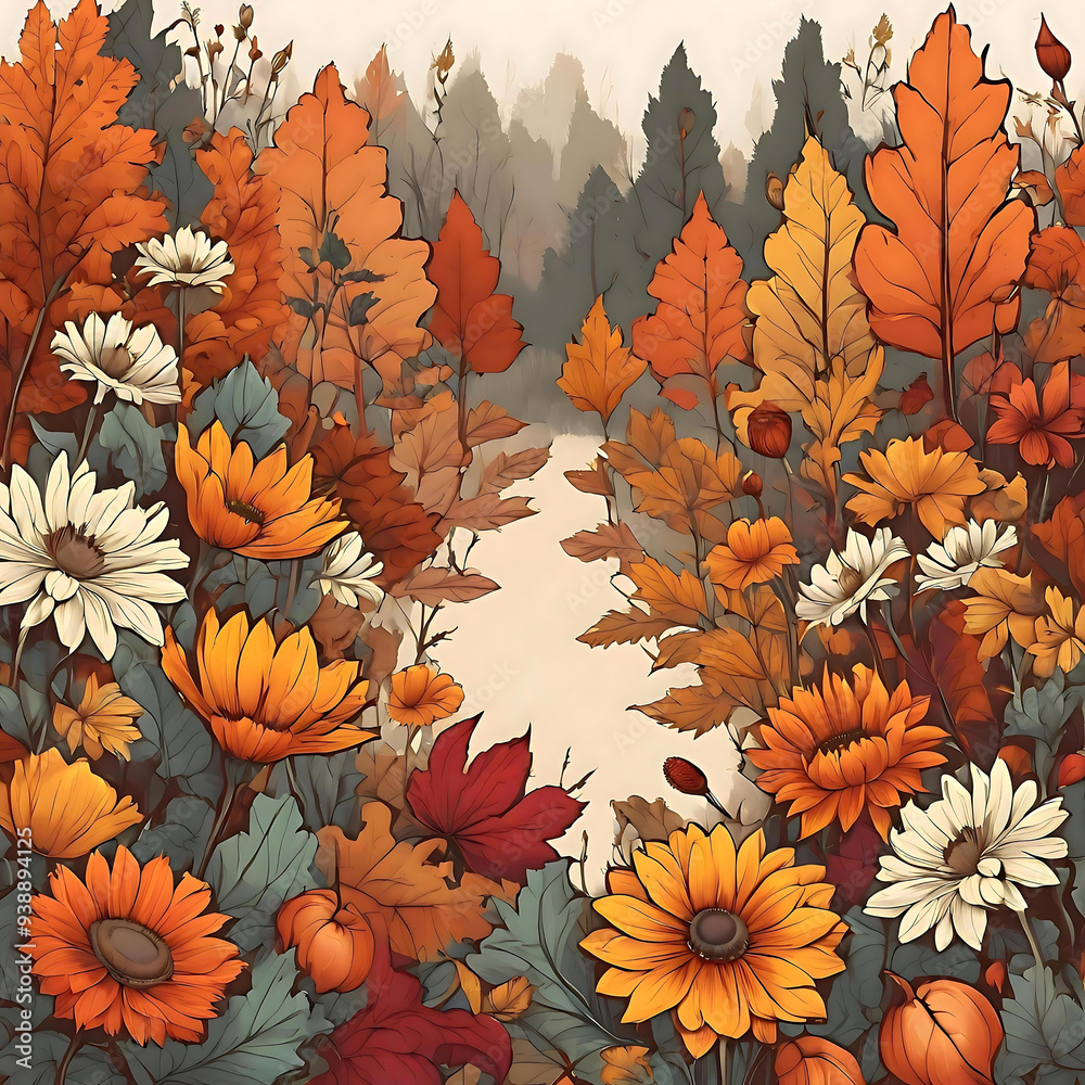 Fototapeta premium Fall Flower Forest Illustration 