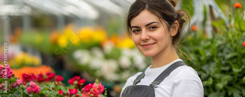 A young woman with a bright smile, dressed in a white shirt and apron, stands in a greenhouse surrounded by blooming flowers. She is holding a plant and appears confident and happy in her gardening bu photo