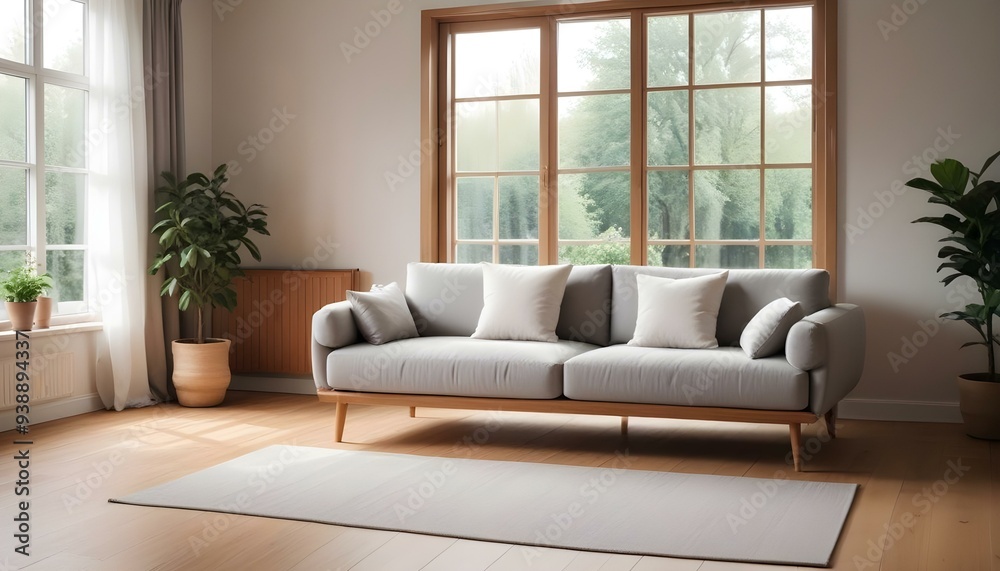 Interior mockup In a white room a blue sofa is placed next to a photo frame on the wall Interior mockup In a white room a blue sofa is placed next to a photo frame on the wall