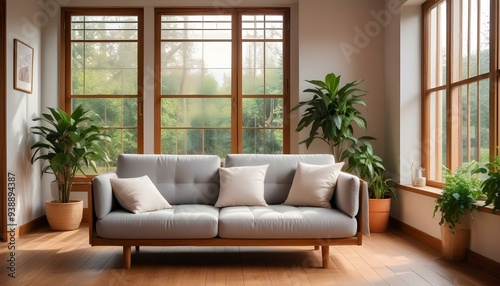 Interior mockup In a white room a blue sofa is placed next to a photo frame on the wall