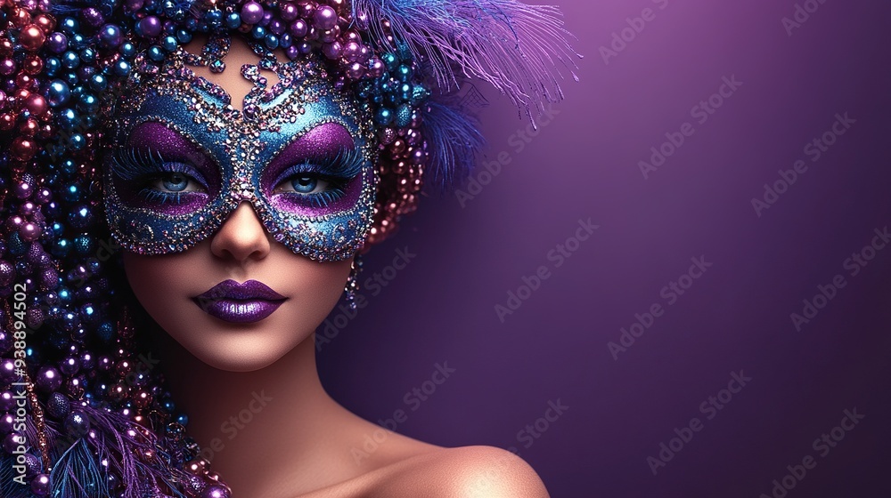 Mardi Gras party invitation with beads and mask on a purple background Mardi Gras party invitation with beads and mask on a purple background