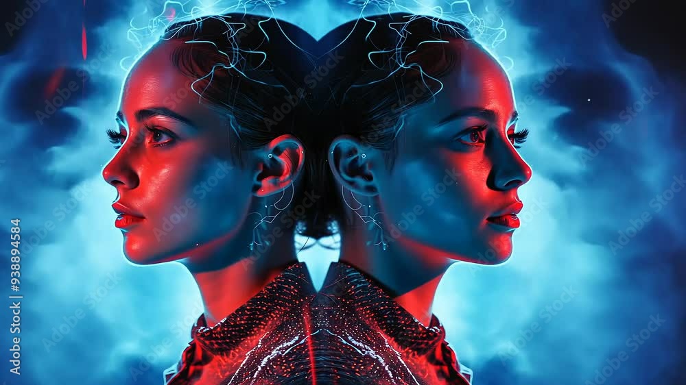 Mysterious symmetry: mirrored woman in blue neon smoke